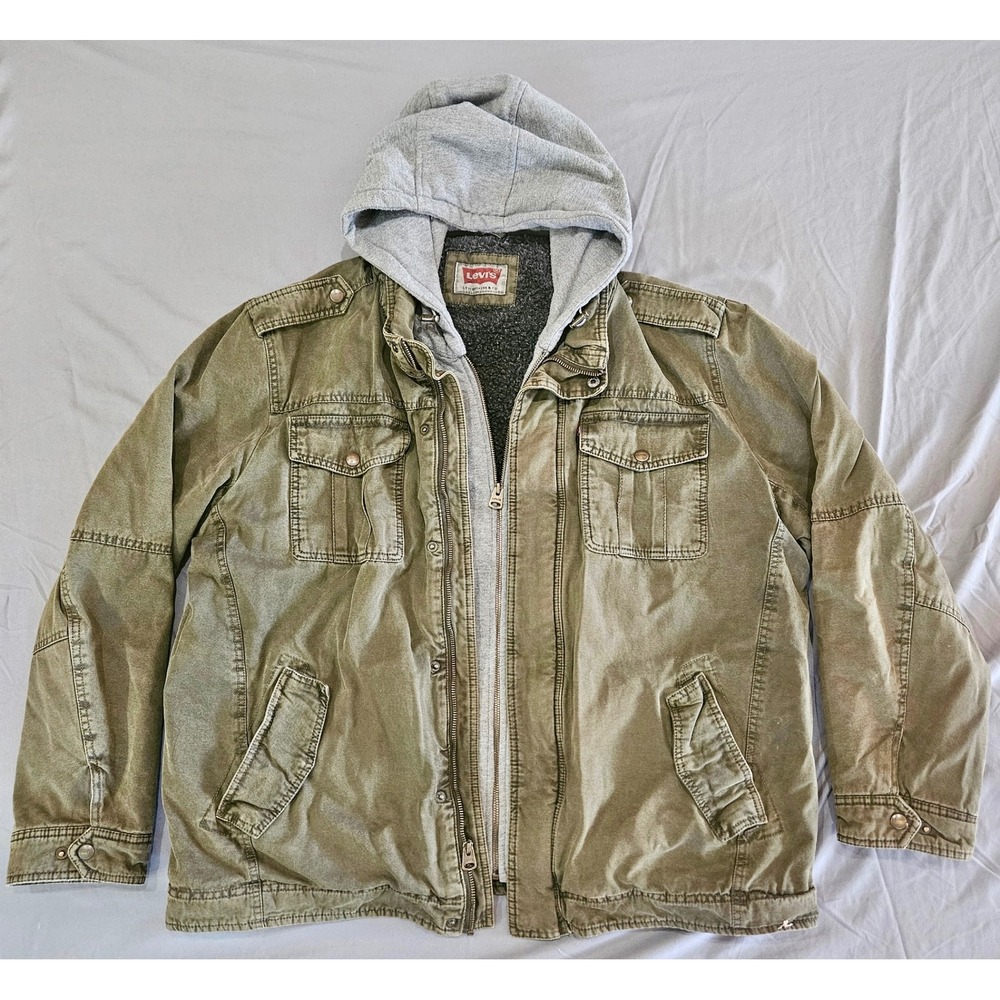 Levi's Field Jacket Mens XXL 2XL Olive Green Faux Fur Lined Hooded Utility